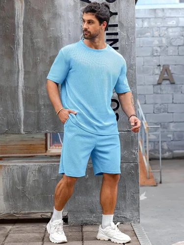Vista 2 de Babioboa Conjunto de camiseta y pantalones cortos de manga corta para hombre, 2 bolsillos, de gran tamaño, de dos piezas, casual, uso diario