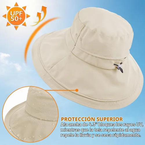 Vista 2 de Sombrero de ala ancha impermeable UPF 50+ para mujer con agujero para cola Beige