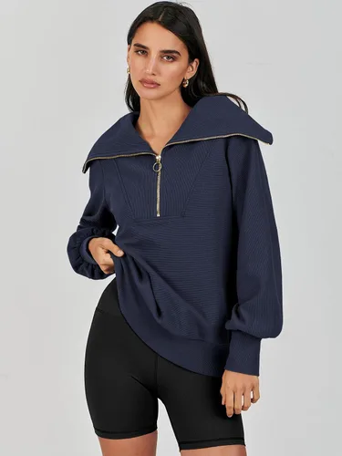 Vista 2 de ANRABESS Sudadera de manga larga con cremallera de un cuarto para mujer, sudadera de manga larga con media cremallera, moda 2024