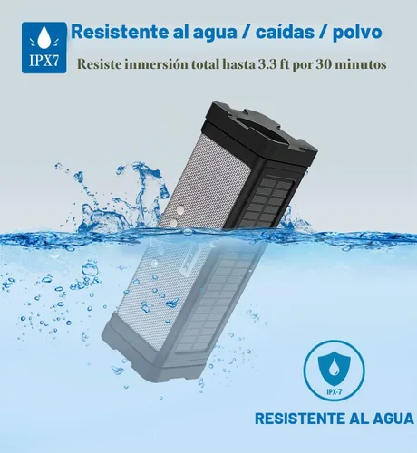 Vista 3 de Altavoz solar Bluetooth, IPX7, impermeable, portátil, de 20 W, con 27 luces LED, batería de 5000 mAh, micrófono, tarjeta TF, para ducha al aire