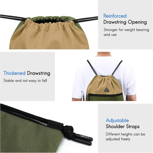 Vista 6 de Haimont Mochila con cordón para hombres y mujeres, bolsa de cuerda deportiva resistente al agua con bolsillo húmedo, viaje de día y natación, caqui
