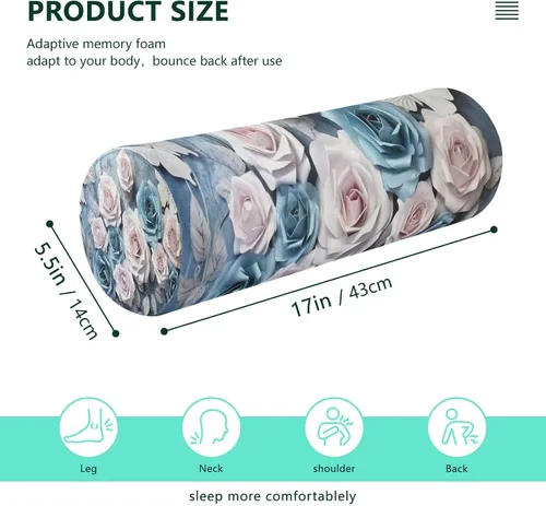 Vista 3 de Blue and White Roses Neck Pillow for Sleeping, Cervical Roll Memory Foam Pillows for Neck Pain Relief, Neck Support Round Pillows with Washable