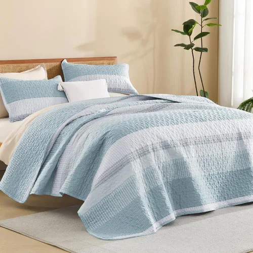 Vista 24 de Litanika Edredón tamaño Queen, juego de ropa de cama de 3 piezas a rayas 01 - Blanco y negro