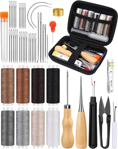 Vista 10 de BAGERLA Kit de costura de reparación de tapicería, kit de costura resistente con herramientas de punzón, desgarrador de costura, agujas de costura a