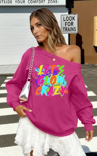 Vista 4 de Traje de los años 80 para mujer Let's Glow Crazy Shirt Off The Shoulder Sudadera Vintage Neon Disco Party Pullover