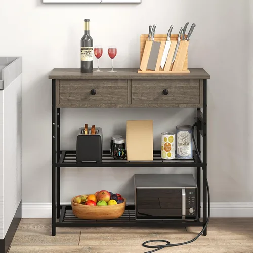 Vista 9 de GIANTEX - Mesa consola industrial con tomacorrientes, mesa de entrada estrecha de 3 niveles Long Sofa Table w/ USB Ports, 2 Storage Drawers, Entry