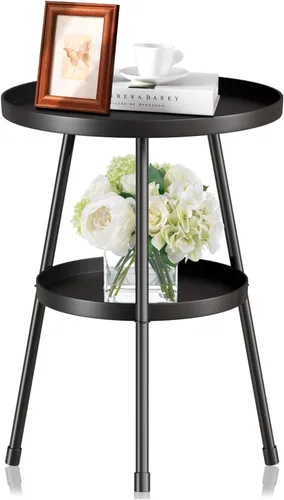 Vista 7 de SYQ Mesa auxiliar redonda de metal pequeña para interiores y exteriores, decoración moderna de mediados de siglo, mesa decorativa circular simple
