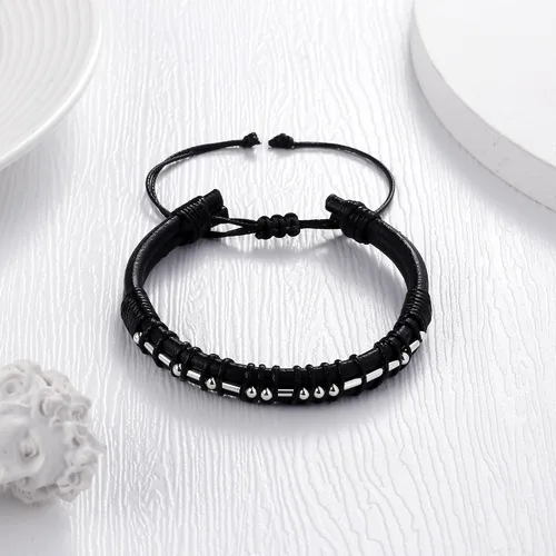 Vista 7 de Pulseras con código morse para hombres y mujeres, regalos chapados en plata de ley 925 con cuentas en cuero negro para hombre, joyería inspiradora