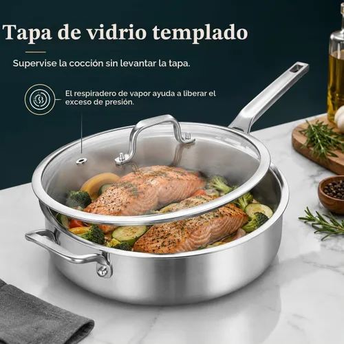 Vista 7 de Yeksum Sartén de acero inoxidable de tres capas, 7 cuartos de galón, sartén de 12 pulgadas de profundidad con tapas, sartén grande de 3 capas