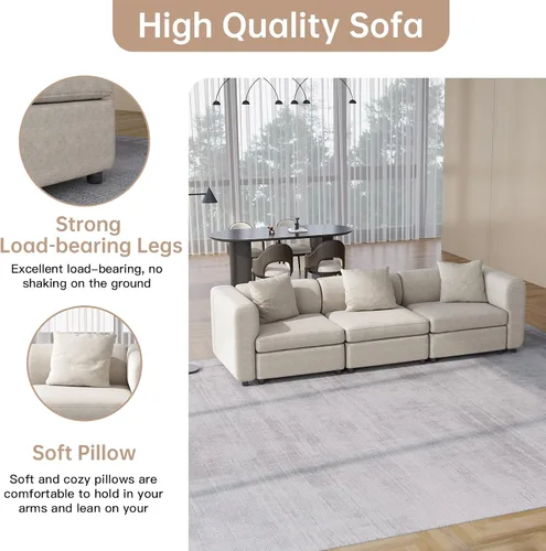 Vista 8 de Sofá modular modular de 3 plazas, terciopelo moderno con funda de cojín extraíble y lavable para espacios pequeños, marco de madera maciza, 108.66