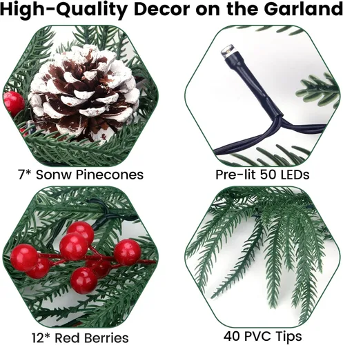 Vista 3 de Guirnalda de Navidad de 6 pies de pino de Norfolk preiluminada con bayas rojas y bolas de cedro, luces LED y control remoto – Guirnalda iluminada a