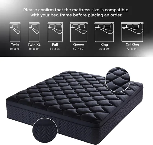 Vista 7 de Colchón matrimonial prémium de 12 pulgadas, acolchado de diamante negro, resortes individuales y parte superior de espuma viscoelástica, soporte
