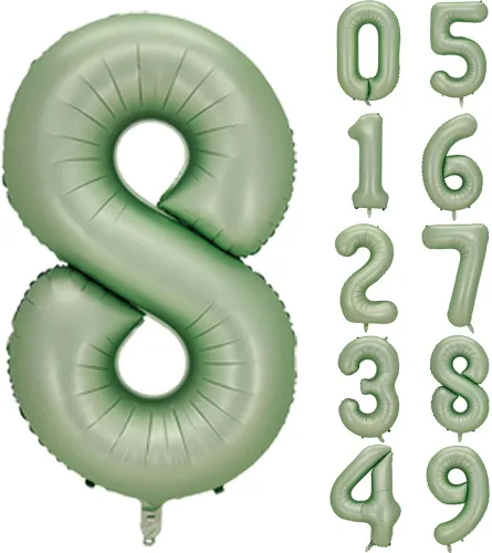 Vista 11 de Globos de números verde salvia para decoración de fiesta de cumpleaños de 40 pulgadas, globo grande del número 0