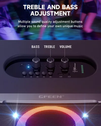 Vista 8 de GFEEN Altavoz Blutooth para fiestas: 200 W pico potente sonido fuerte! Tiempo de reproducción de 15 horas, espectáculo de luz RGB, carga rápida