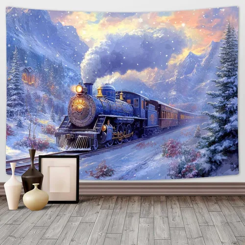 Vista 19 de Tapiz de Tren de Vapor, Tapices de Paisaje Otoñal de Tren de Motor Antiguo Decoración para Niños, Tapices de Arte de Acuarela de Bosque de Montaña