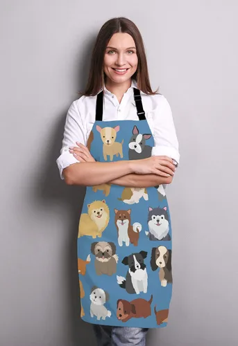 Vista 3 de Delantal de perros de animales, divertido delantal con cuello ajustable para hombres y mujeres, adecuado para el hogar, cocina, camarera, chef