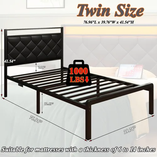Vista 2 de Base de cama individual con estación de carga, luz LED y cabecera tapizada de piel sintética, base de cama de plataforma con almacenamiento debajo