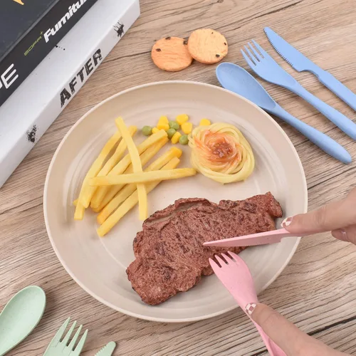 Vista 6 de Juego de tenedores, cucharas y cuchillos, juego de cubiertos de paja de trigo, juego de cubiertos reutilizables para 4, utensilios para fiesta