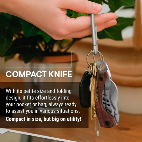 Vista 6 de Cuchillo de bolsillo pequeño para hombres – Cuchillo de llavero de 5.7 pulgadas con abridor de botellas – Cortador de cajas – Mango de madera