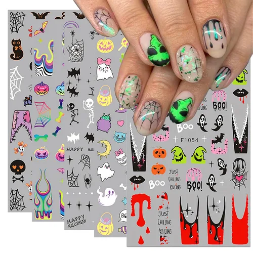 Vista 9 de 8 hojas de calcomanías de uñas de Halloween con diseños de fantasmas lindos, calabaza, araña, telaraña, sangre, llama 3D, autoadhesivas, Otoño