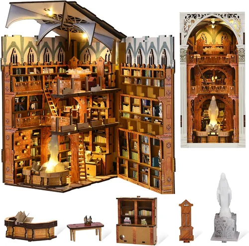 Vista 11 de MiniCity Kit de rincón de libros de bricolaje, escena de madera en miniatura 3D con luces LED, cubierta de polvo y herramientas para decoración