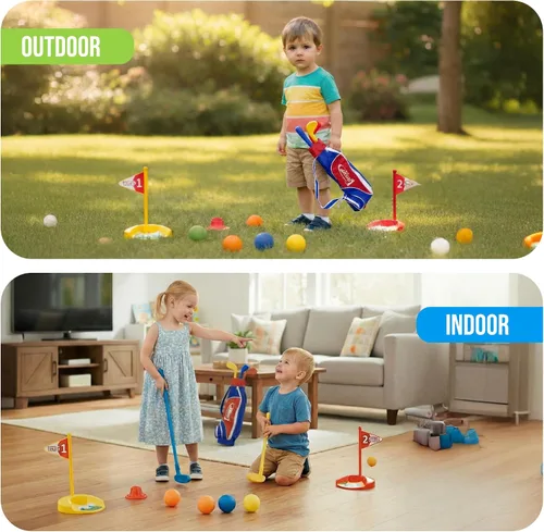Vista 4 de Atlasonix Juego de golf para niños pequeños, palos de golf para niños, incluye bolsa de golfista infantil, guantes, 8 pelotas y 3 palos, juguetes
