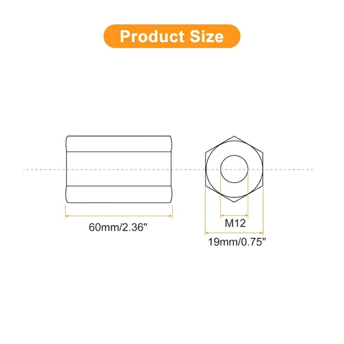 Vista 2 de uxcell Tuercas de acoplamiento M12x19x60mm - Acoplador de varilla roscada hexagonal de acero al carbono galvanizado para muebles, electrónico