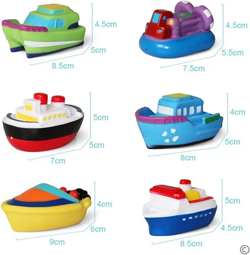 Vista 6 de Juguetes flotantes de baño para bañera (6 unidades), juguetes de barco de baño suaves para bebés, juguetes de agua de aprendizaje de bañera