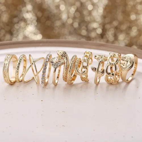Vista 6 de Juego de anillos de nudillos dorados y plateados para mujeres y niñas 10 anillos BOHO anillos de cadena de serpiente vintage anillo de declaración