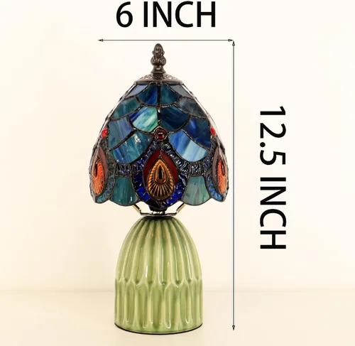 Vista 2 de Tiffany Stained Glass Mushroom Table Lamp 12.5 Inch -Blue Peacock Tiffany Lamp,6X6X12.5 Inch,Small Night Light,Ceramic Base, Mini Accent Light