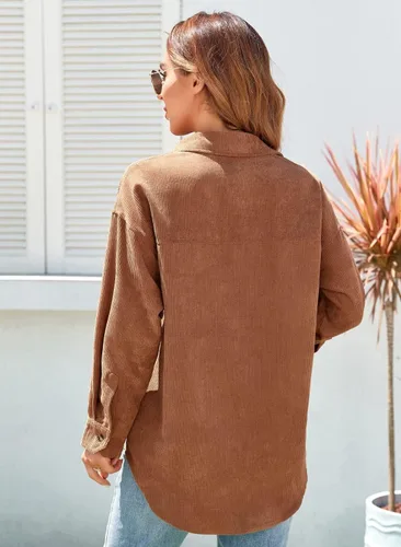 Vista 2 de Camisa de pana para mujer, blusa de gran tamaño, con botones, manga larga, cuello de solapa, camisas para mujer