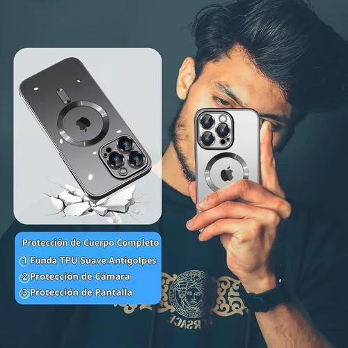 Vista 6 de Magsafe - Funda magnética transparente para iPhone 14 Pro con protector de pantalla y funda para cámara, galvanizada transparente para Negro