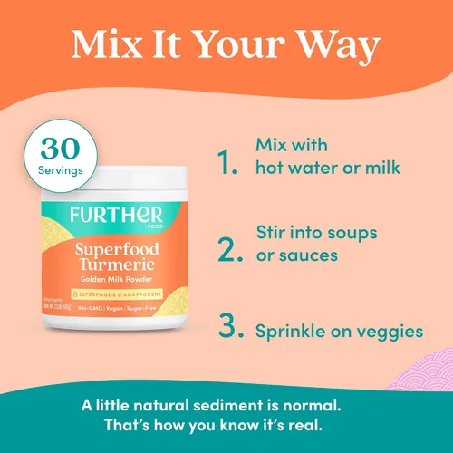 Vista 7 de Further Food Superfood - Polvo de raíz de cúrcuma – Máxima absorción, refuerzo inmunológico natural, mezcla de leche dorada, sin azúcar, keto