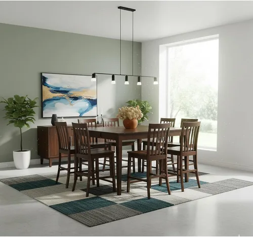 Vista 2 de CARTESIAN Juego de comedor de 9 piezas de altura de mostrador, nogal, construcción de madera maciza, mesa cuadrada con hoja de extensión, 8