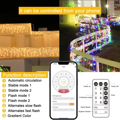 Vista 9 de Luces de Navidad de 131 pies para exteriores, 1680 luces LED impermeables con 8 modos, luz de cadena con aplicación y control remoto para Blanco