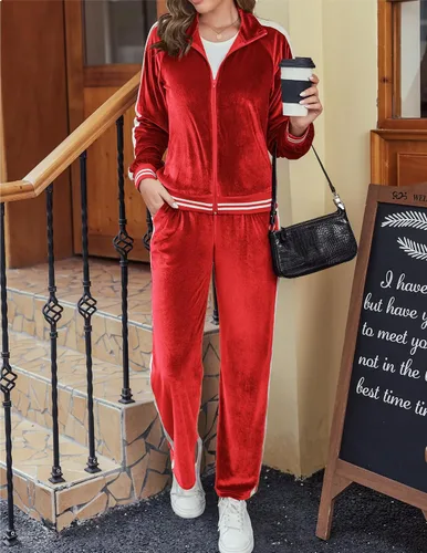 Vista 2 de Ekouaer Conjunto deportivo de terciopelo de terciopelo para mujer, 2 piezas, sudadera con cremallera y pantalones deportivos con bolsillos, tallas