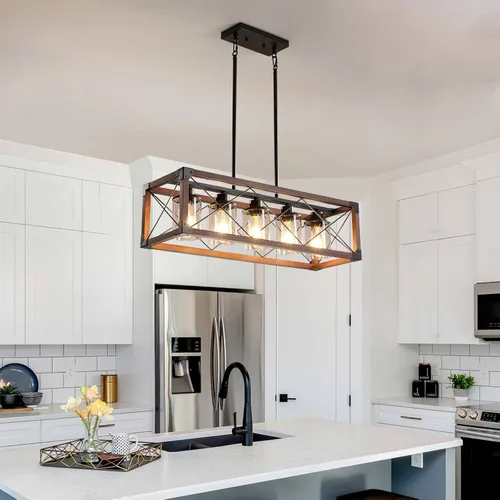 Vista 6 de Lámparas colgantes rústicas de casa de campo, candelabros para comedor y cocina, accesorios de luz de isla de 5 luces, candelabro de madera sobre