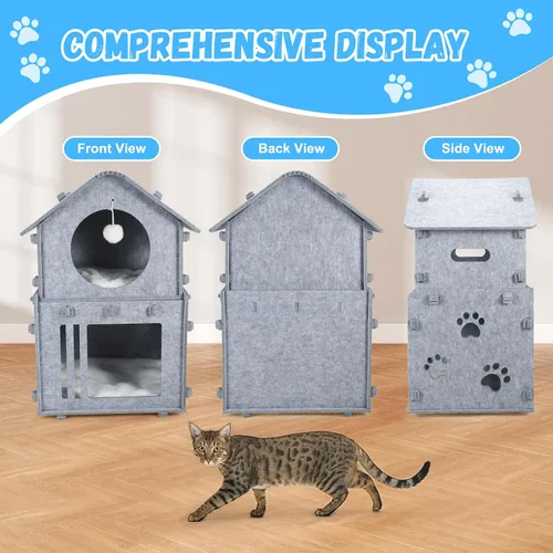 Vista 6 de Casa desmontable de 2 plantas para gatos de interior, camas cubiertas y muebles con acolchado lavable, bonito condominio moderno para mascotas