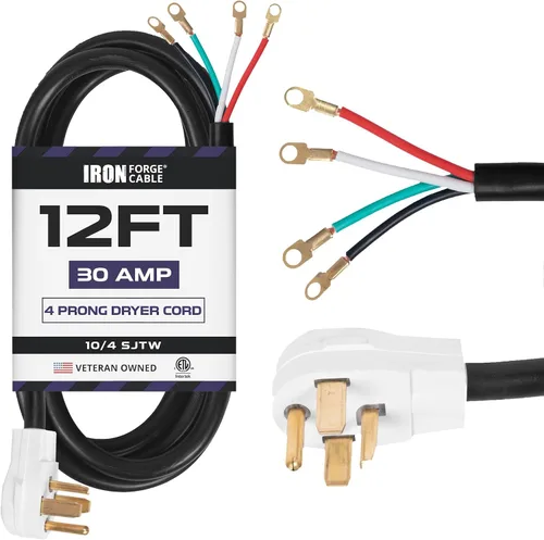 Vista 9 de Cable de hierro forja de 4 puntas para secador, 4 pies, color negro Cable 10/4 STW, enchufe NEMA 14-30, 30 Amp, negro - Para secadoras