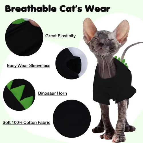 Vista 6 de DENTRUN Sphynx - Ropa de gato, lindo diseño de dinosaurio, disfraz de gato sin pelo, camisas de algodón transpirable, ropa de gato solo para gatos