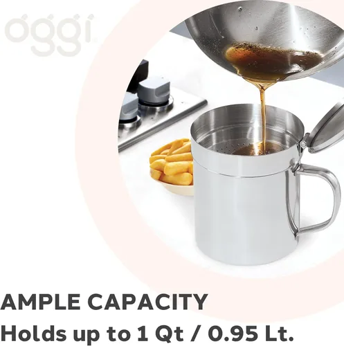 Vista 4 de Oggi 7324 Recipiente de acero inoxidable para aceite con filtro extraíble, 1 qt, 1 Cuarto de galón, Stainless