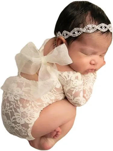 Vista 15 de Traje de fotografía para bebé, traje de encaje para recién nacido, sesión de fotos, diadema de flores, disfraz de princesa