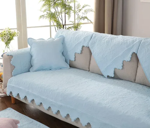 Vista 7 de Funda de sofá de algodón con bordado de hojas y flores, antideslizante, acolchada, protector de muebles para perros, niños y mascotas, lavable a Azul