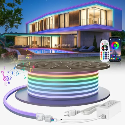 Vista 8 de Tira de luces LED de neón de 100 pies / 98.4 ft, luz blanca diurna, 6000 K, impermeable, IP65, tira de luz LED flexible CA de 110 a 120 V, luces LED