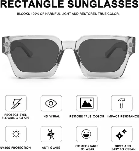 Vista 5 de Gafas de sol rectangulares de moda para mujeres y hombres, gafas de sol cuadradas de moda vintage con marco grueso