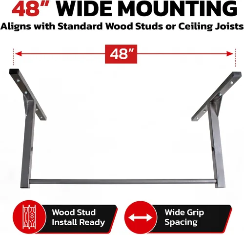 Vista 4 de Stud Bar Barra de dominadas resistente para montaje en techo o pared, calidad de gimnasio, capacidad de 600 libras, tamaño estándar para techos de 9