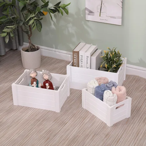 Vista 5 de Cajas modernas de madera blanca para almacenamiento, cajas decorativas rústicas, juego de 3 cajas de almacenamiento de madera extra grandes
