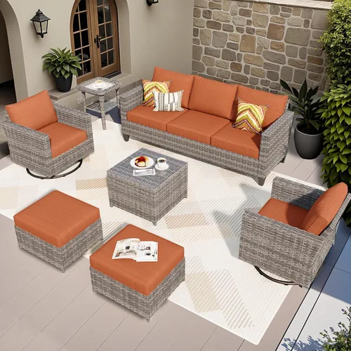 Vista 27 de ovios Juego de muebles de patio de 5 piezas, sofá de mimbre para exteriores con otomanas cómodos cojines, juego de conversación moderno para Beige