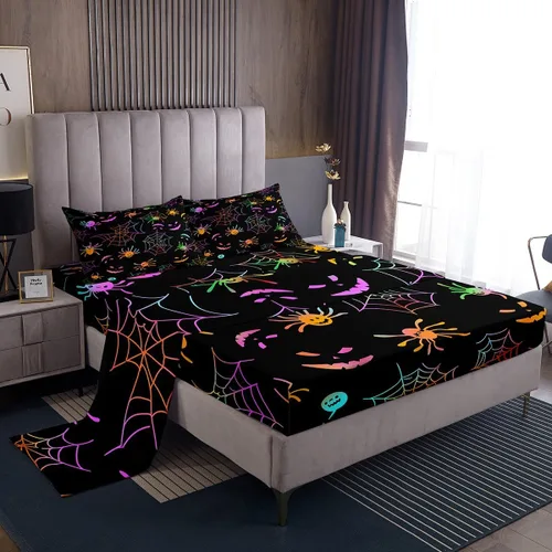 Vista 12 de Lindas sábanas de murciélagos tamaño individual, juego de sábanas de Feliz Halloween para niños y niñas, Kawaii cielo estrellado estrellas luna