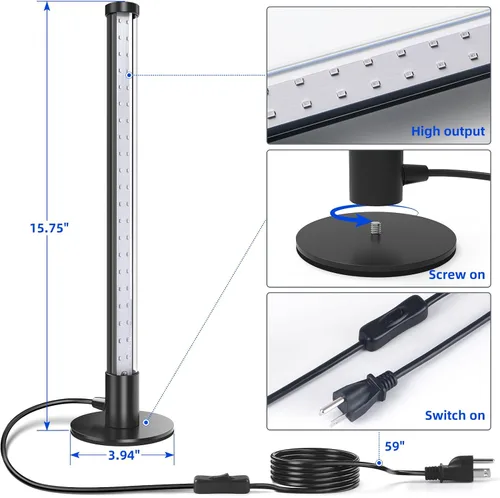 Vista 5 de Barrina Luces LED Negras, Lámpara de Luz Negra de Mesa Vertical de Pie T10, 14W, 385-400nm, Luz Negra LED de Escritorio de 1 Pie con Soporte e